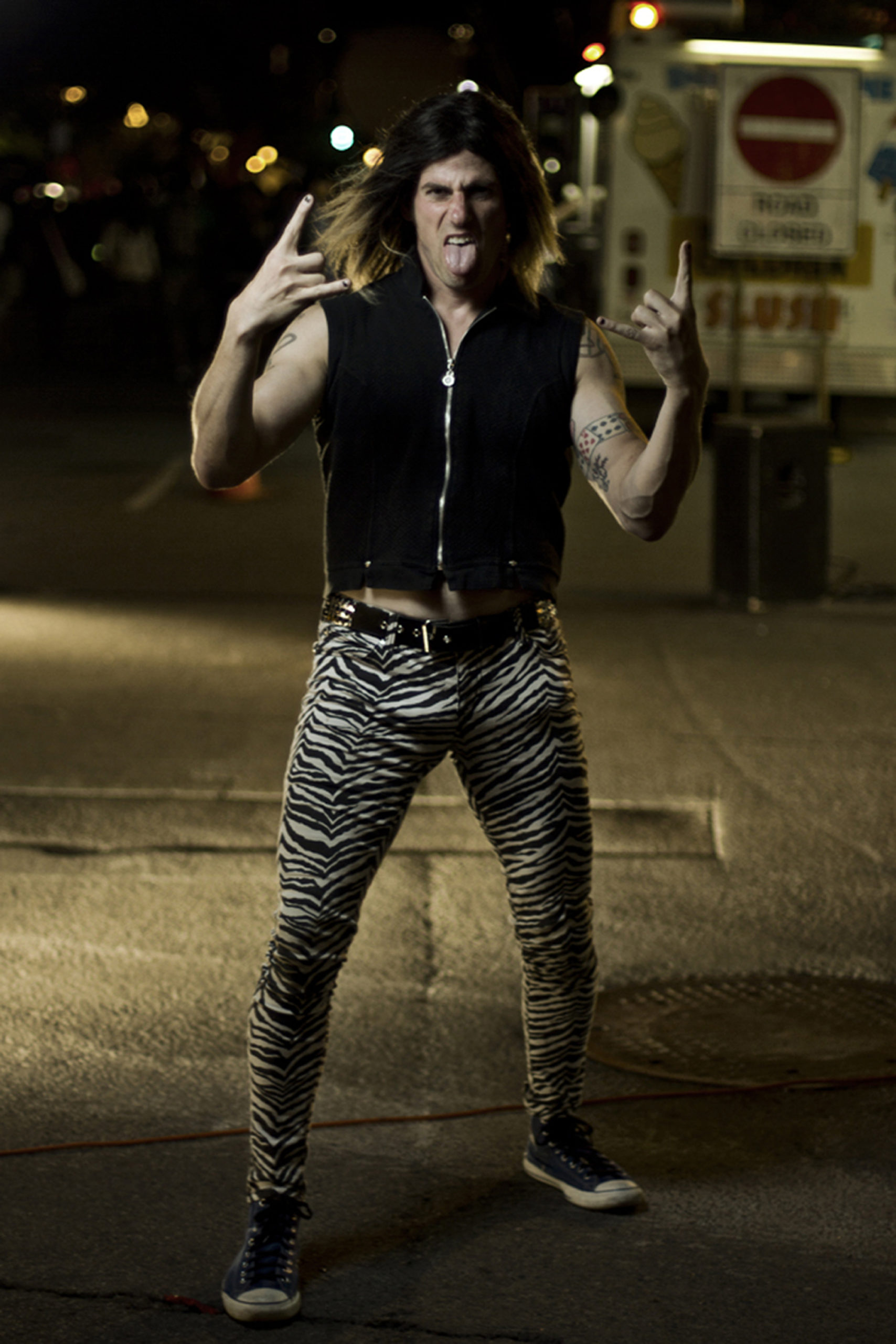 Nigel Blackstorm in a heavy metal pose on the street